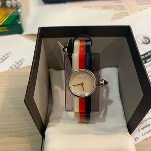 Gucci Women's Bracelet Watch with Red White and Blue Striped Band